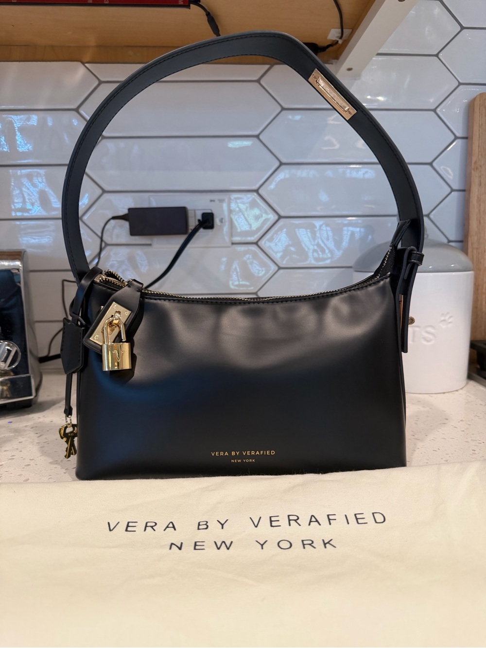 Vera by Verafied Black Leather Shoulder Bag with Gold Hardware